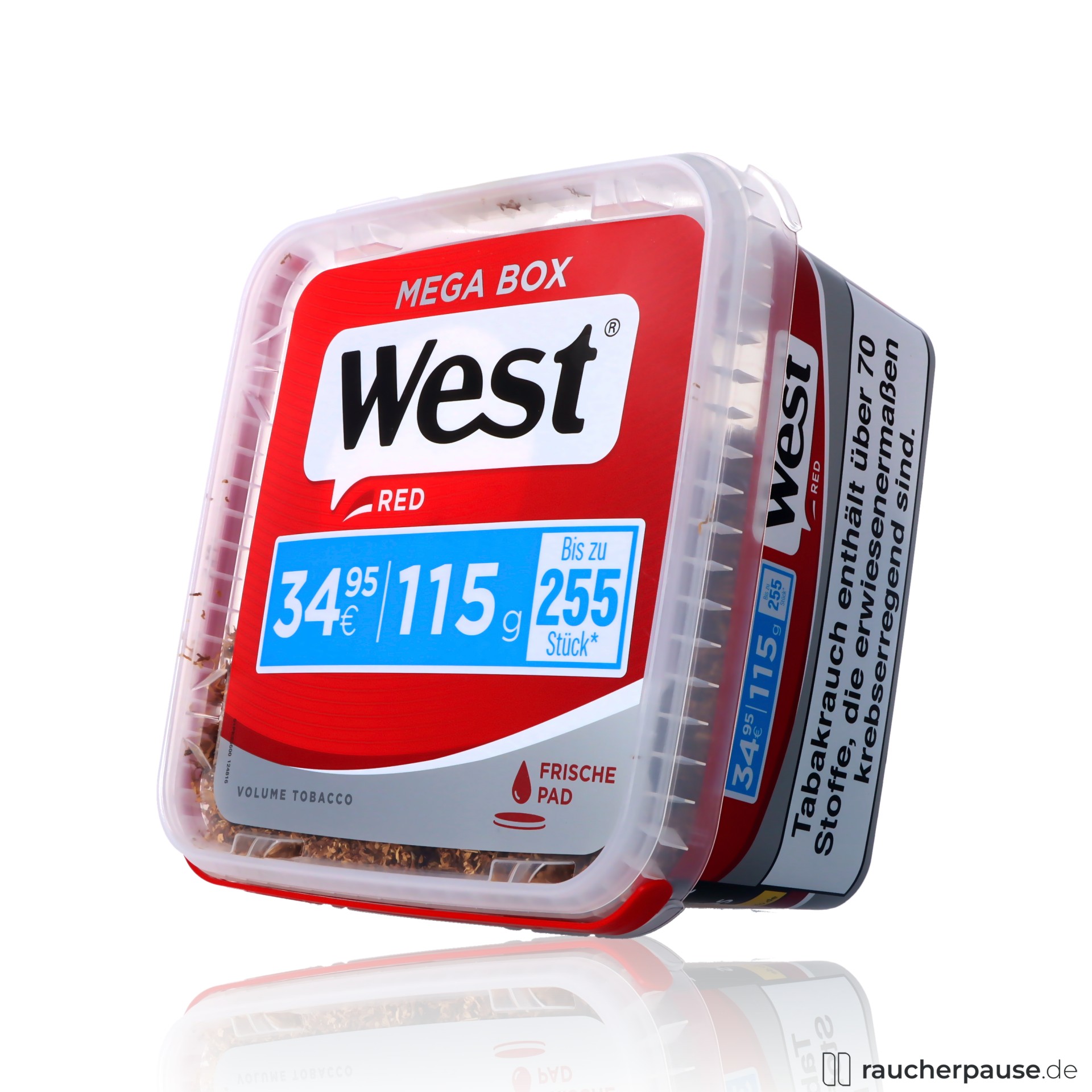west red volumentabak mega box american blend langanhaltende frische , packshot seitlich