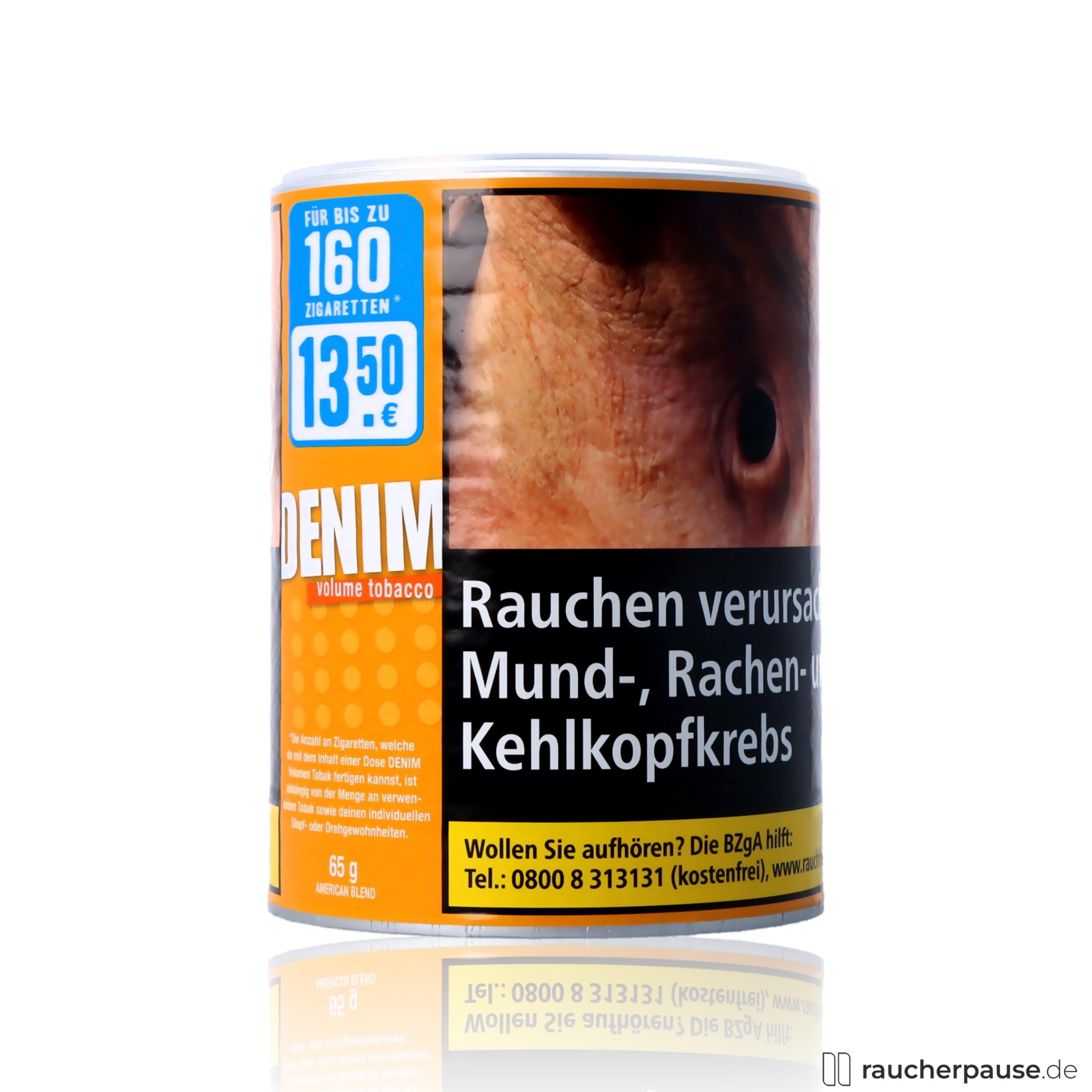 denim volumentabak 65g dose american blend vollmundig wuerzig , packshot seitlich