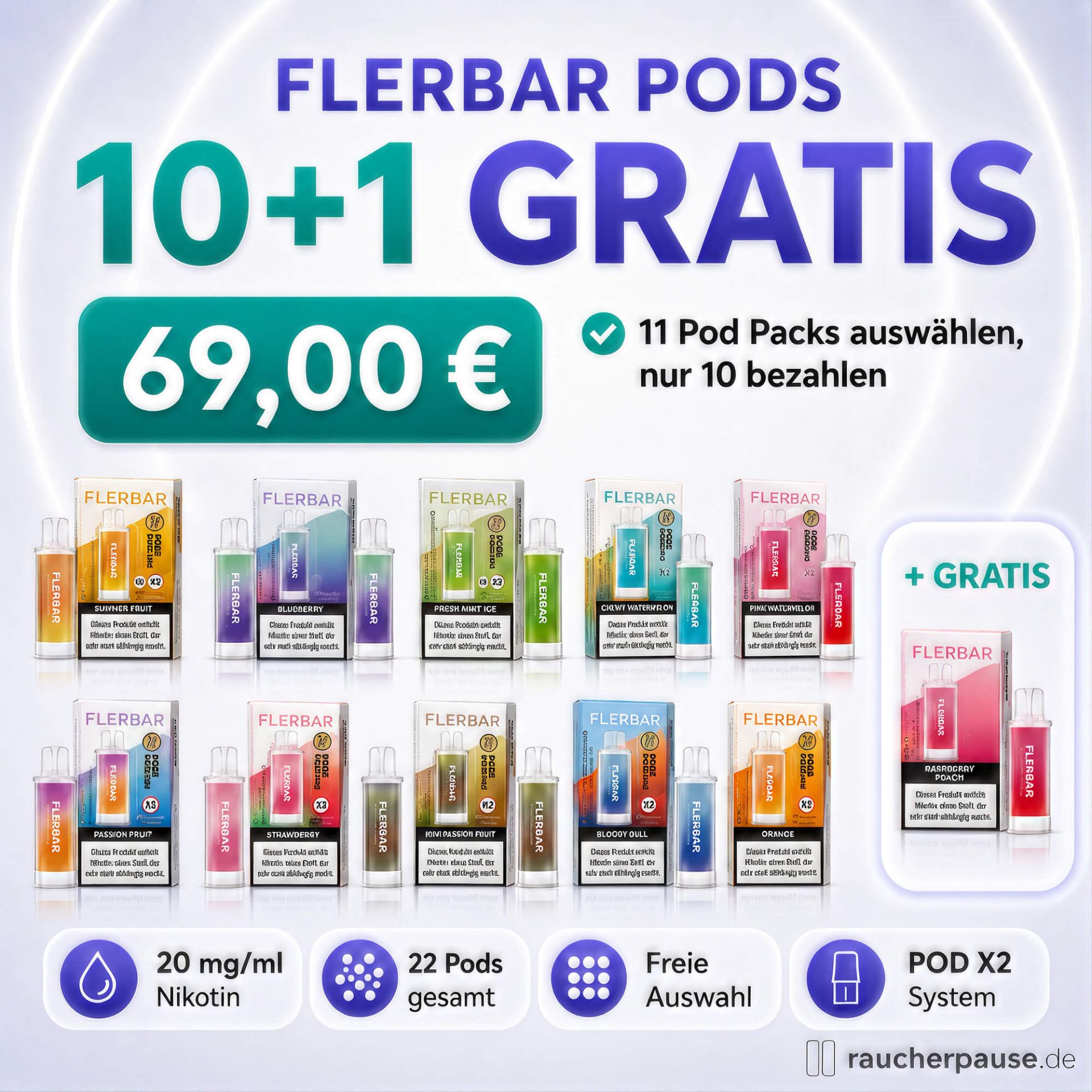 Flerbar Pods 10 plus 1 gratis Vorratsangebot bei raucherpause.de