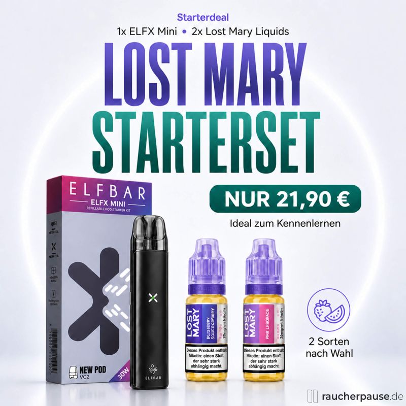 ELFBAR ELFX Mini Starterset mit nachfüllbarem Gerät und zwei MaryLiq 10-ml-Liquids von Lost Mary