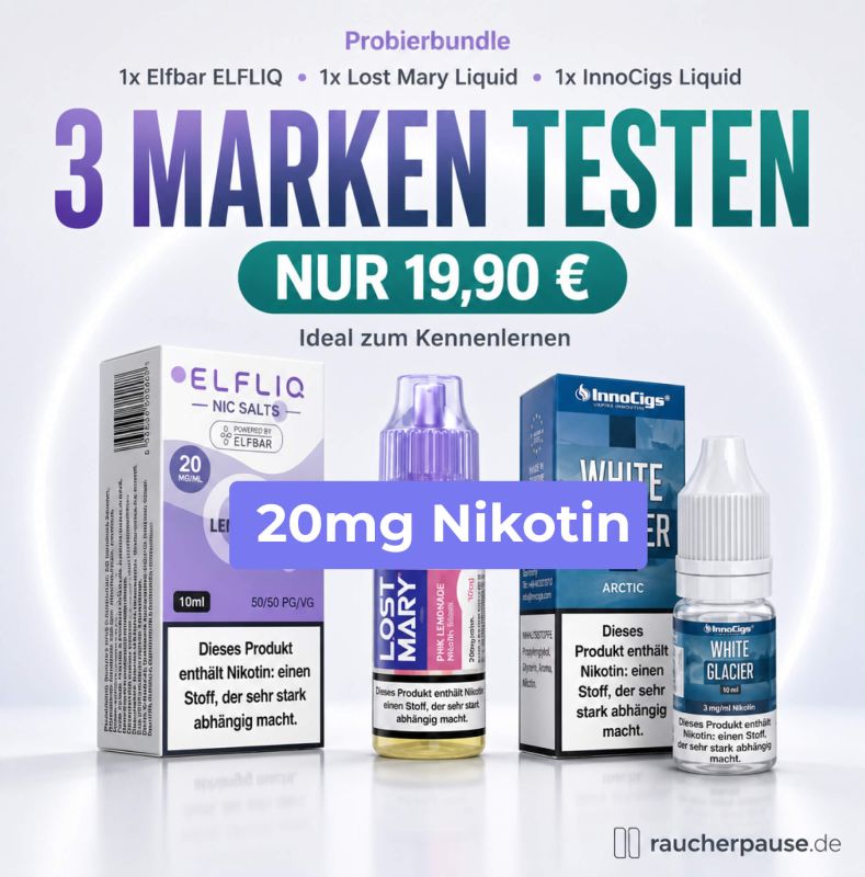 Liquid-Probierangebot mit ELFLIQ, MaryLiq von Lost Mary und InnoCigs aus der 20-mg-Nikotinstärkengruppe